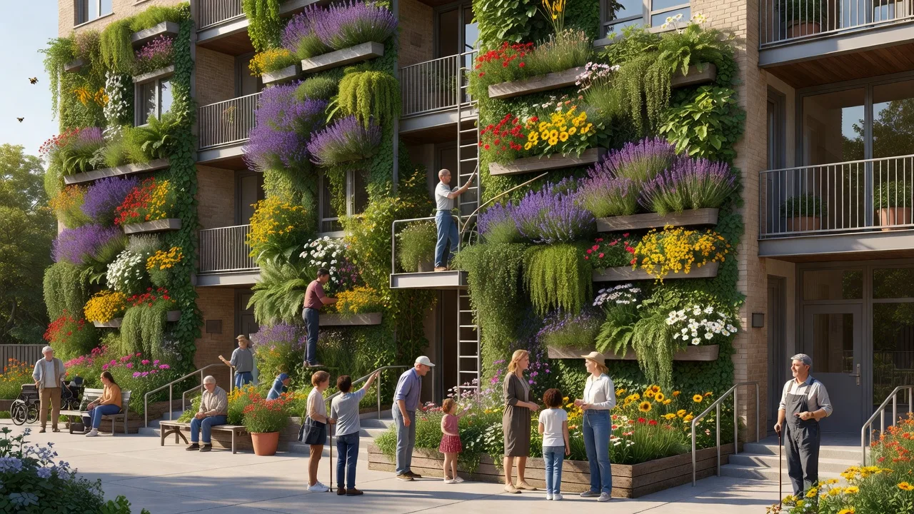 集合住宅の立体緑化と多様な植栽のイメージ