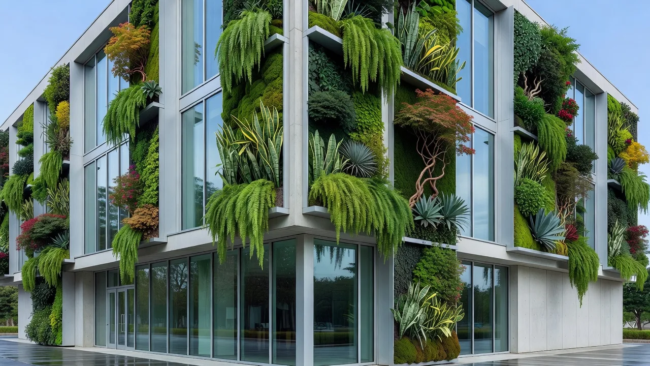 美術館建築の壁面を覆うつる植物による緑化ファサードのイメージ
