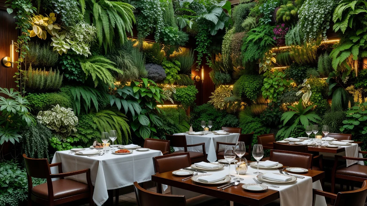 飲食店のテラス席に設置された植栽壁のイメージ