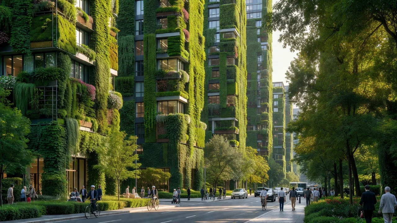 都市部の街路に並ぶ緑化ファサードの建物群のイメージ