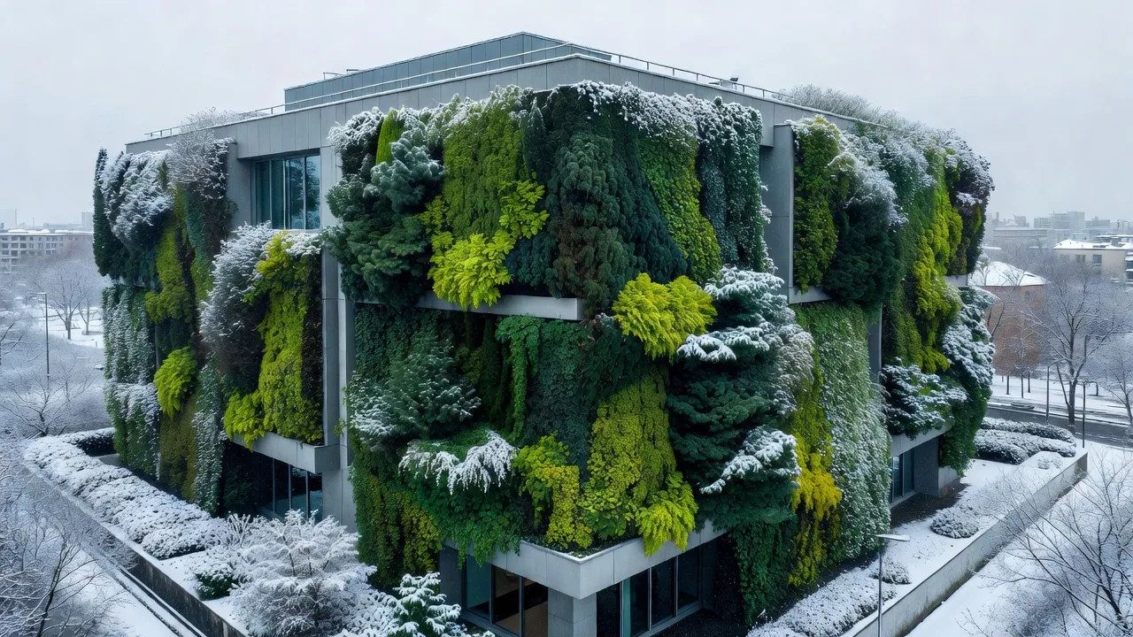 冬季でも緑を保つ常緑性つる植物による壁面緑化のイメージ